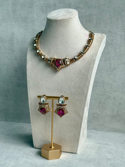 Ayura Designs Krupa Set – Necklace & Earrings with Magenta Stone featuring Natural Marbling, Mirror-Cut Kundan & Antique Gold Detailing