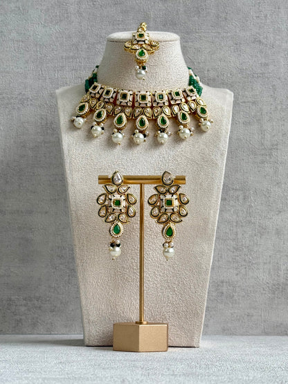 Ayura Designs Jiara Set – Necklace, Earrings & Tikka with Mirror-Cut Stones, Emerald Green & Pearl Detailing