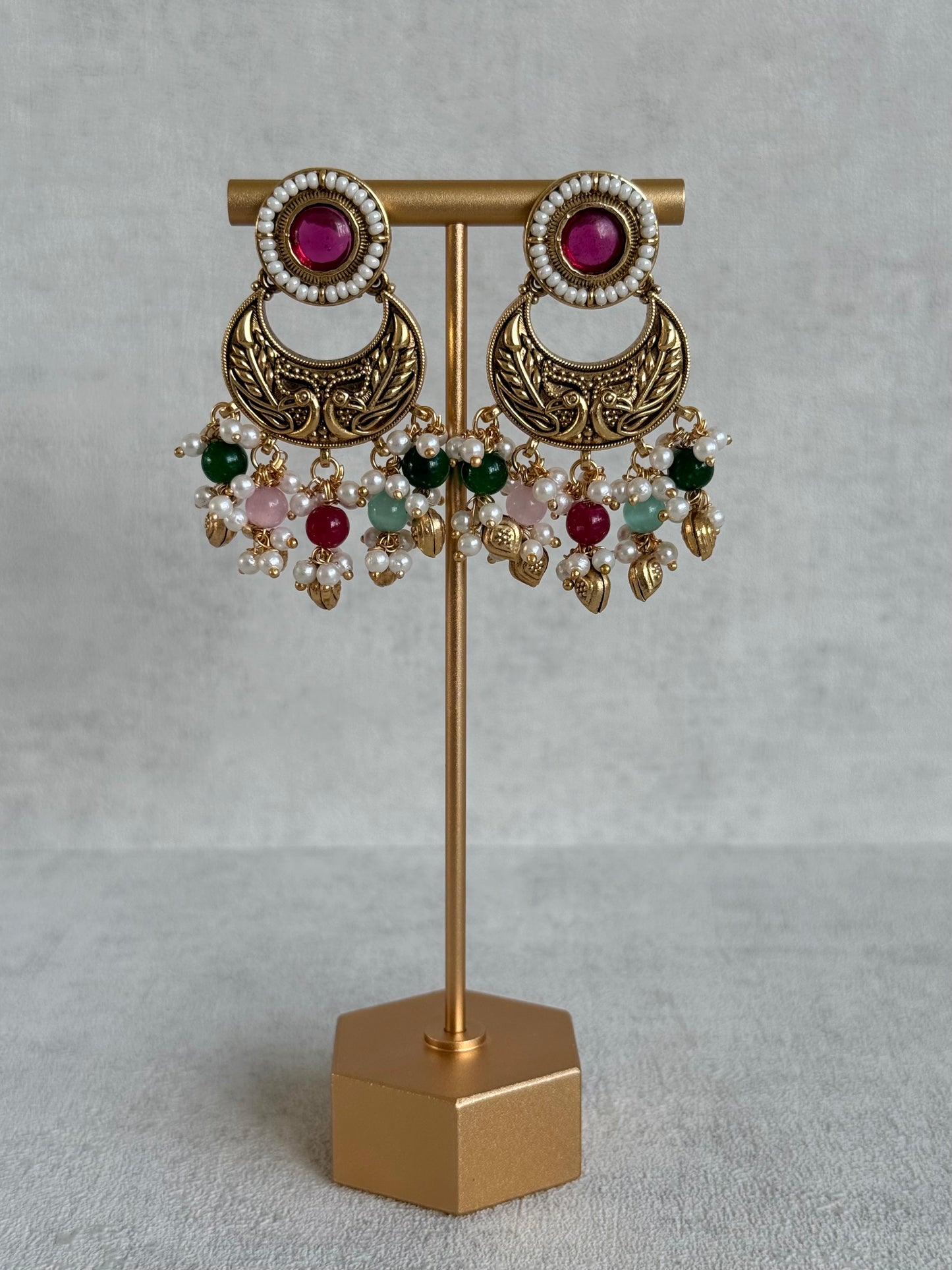 Ayura Designs Mehr Choker Set with Earrings & Tikka – Multicolour Beads, Ruby Pink Centre Stones, Pearl Strands & Antique Gold Finish