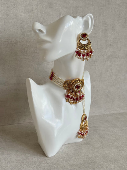 Ayura Designs Mehr Choker Set with Earrings & Tikka – Ruby Pink Stones, Ruby Pink Beads, Pearl Strands & Antique Gold Finish