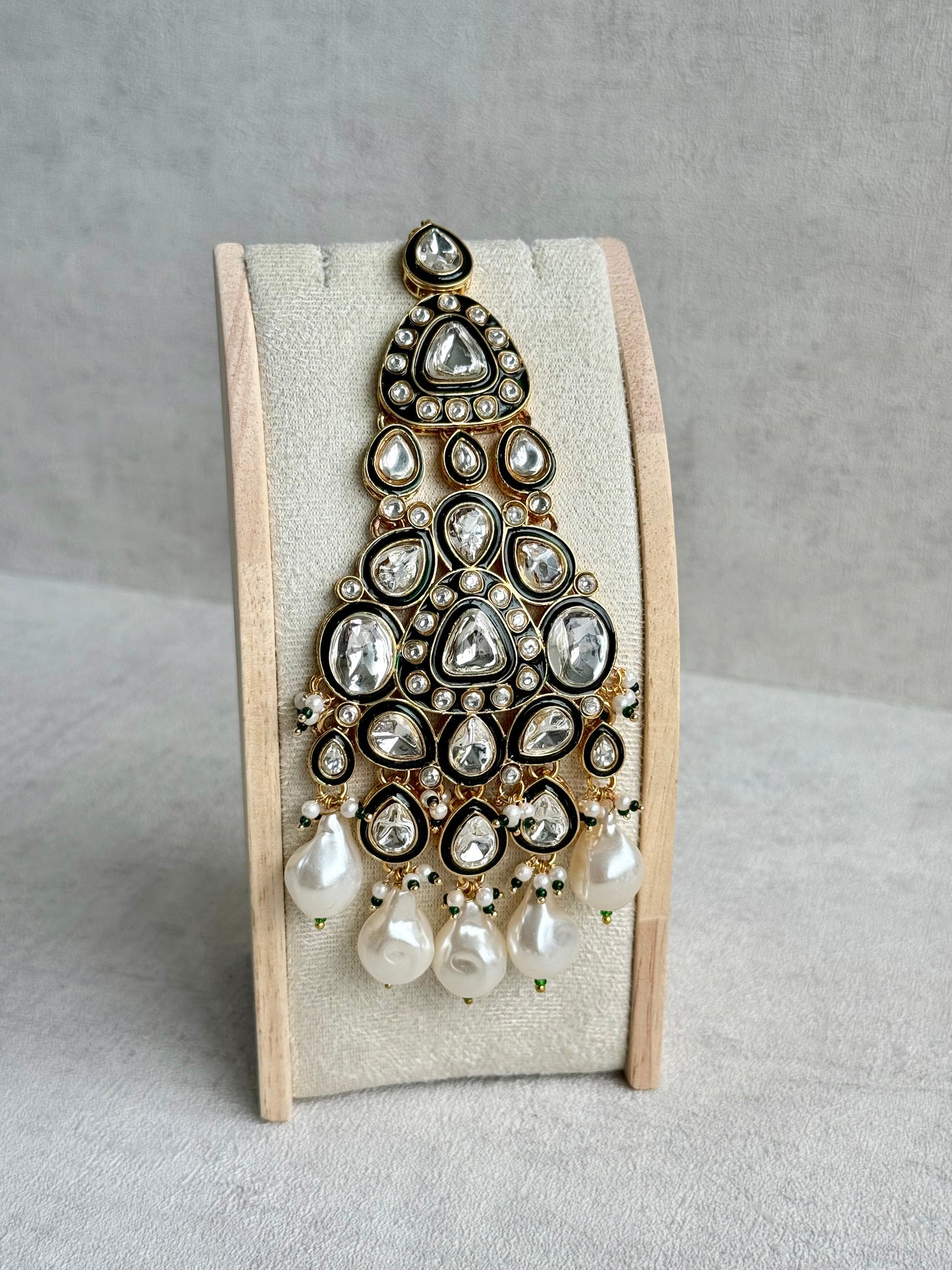 Ayura Designs Salma Jhoomar Passa – Kundan Teardrop Stones with Baroque Pearl Drops & Antique Gold Finish