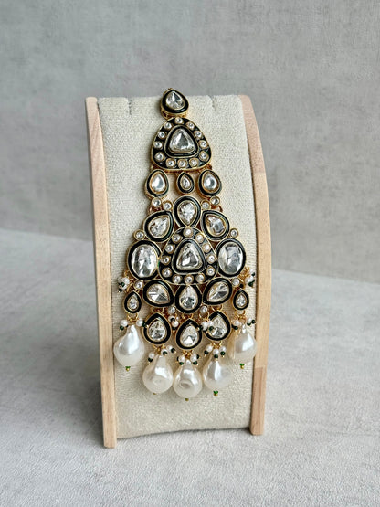 Ayura Designs Salma Jhoomar Passa – Kundan Teardrop Stones with Baroque Pearl Drops & Antique Gold Finish