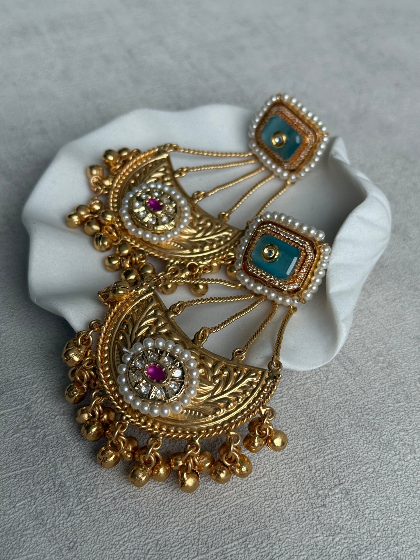Ayura Designs Jheel Earrings – Turquoise Half-Moon Drops with Pearl Edging & Golden Ghungroos