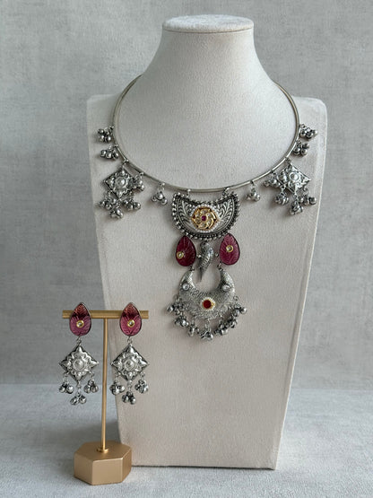 Ayura Designs Jiyana Collar Necklace Set – Rose Pink Carved Teardrop Stones & Oxidised Silver Finish