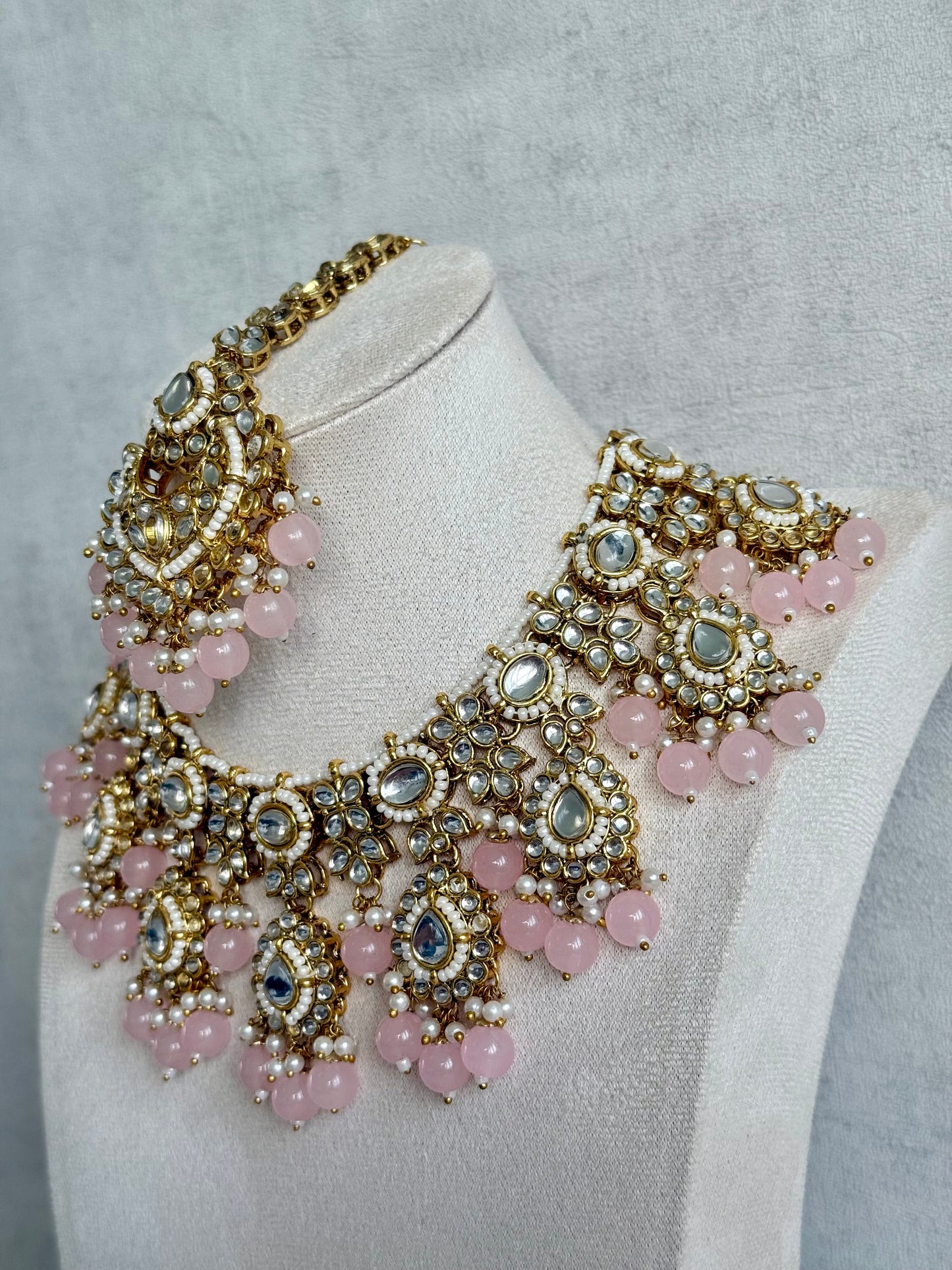 Ayura Designs Iyla Set with Necklace, Earrings & Tikka – Kundan Detailing, Ivory Pearl Drops & Blush Pink Beads