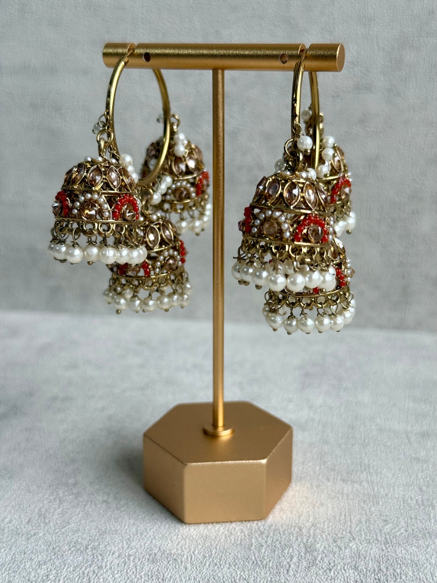 Ayura Designs Nakhra Balis – Orange Triple Dome Earrings with Mirror-Cut Stones & Pearl Detailing