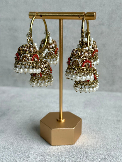 Ayura Designs Nakhra Balis – Orange Triple Dome Earrings with Mirror-Cut Stones & Pearl Detailing