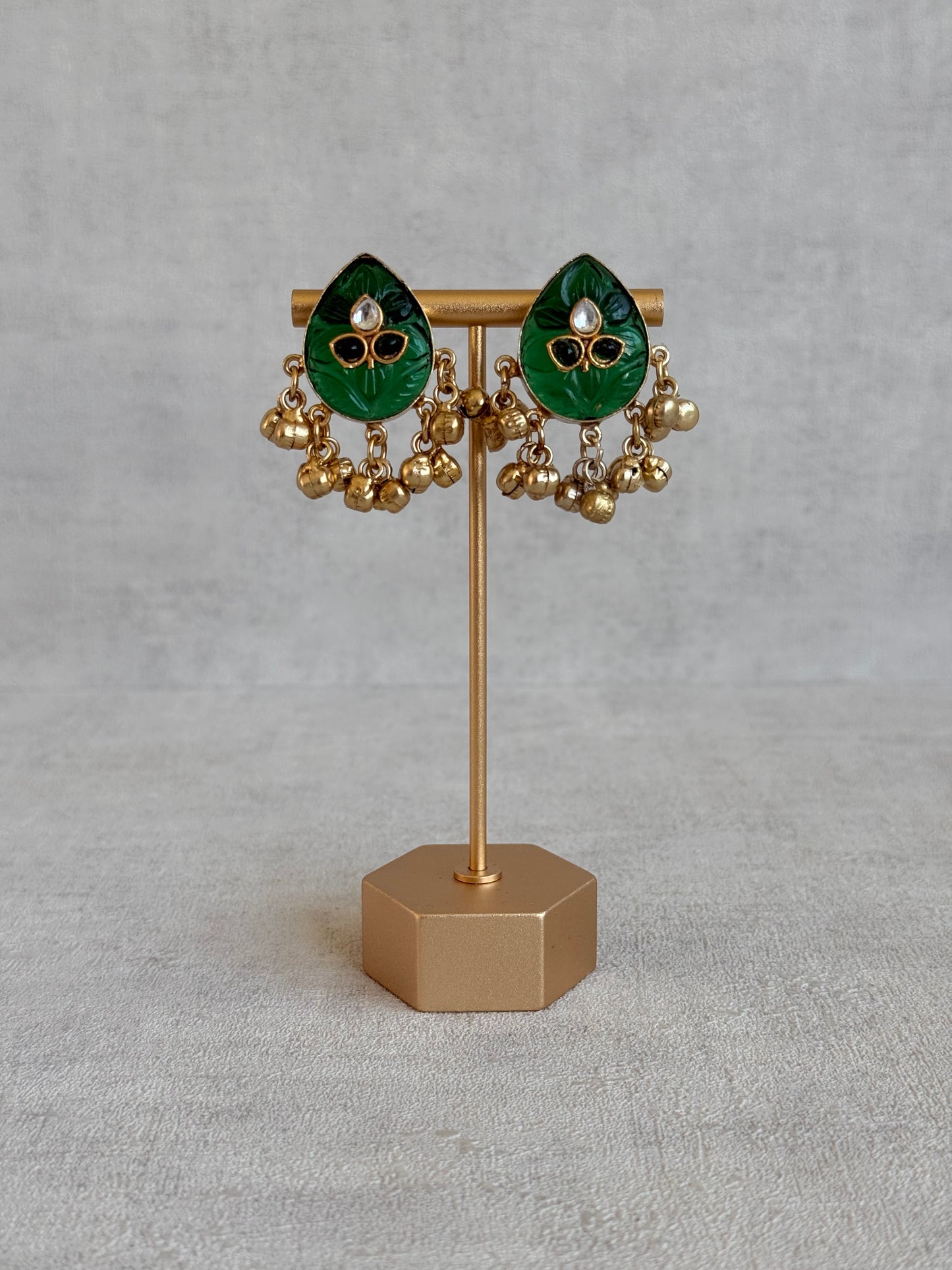 Ayura Designs Aykai Earrings – Emerald Green Carved Teardrop Stud Earrings with Clear Kundan Stones and Gold Ghungroo Drops