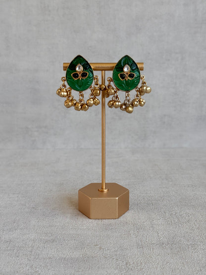 Ayura Designs Aykai Earrings – Emerald Green Carved Teardrop Stud Earrings with Clear Kundan Stones and Gold Ghungroo Drops