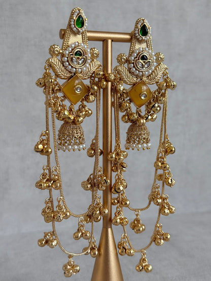 Ayura Designs Simal Earrings – Kashmiri Earrings with Amber Stone, Multicoloured Detailing, Layered Ghungroo Chains & Jhumkis