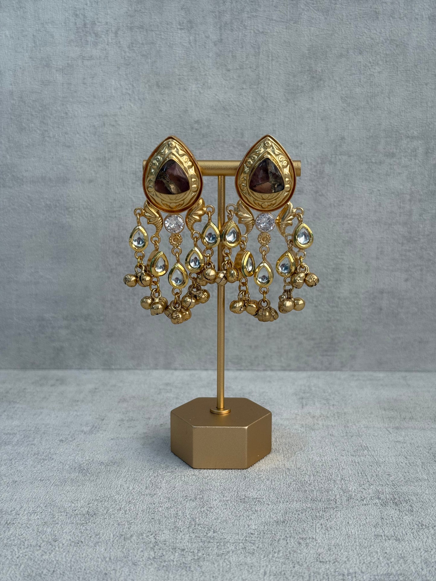Ayura Designs Arheer Earrings – Brown Marble with Kundan Detailing & Antique Gold Ghungroos