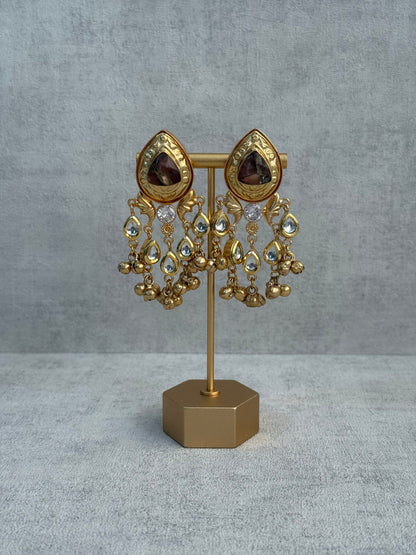 Ayura Designs Arheer Earrings – Brown Marble with Kundan Detailing & Antique Gold Ghungroos