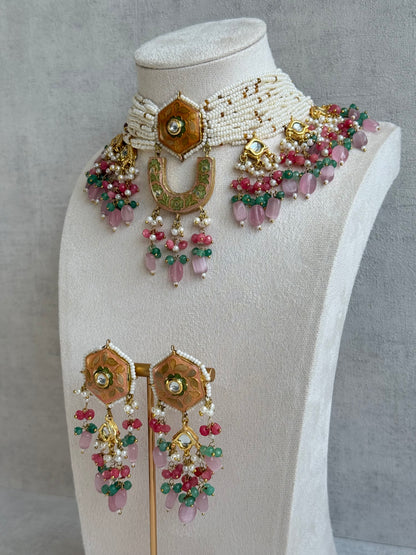 Ayura Designs Elizaar Meenakari Kundan Choker Set with Earrings – Blush Pink & Emerald Green Bead Detailing