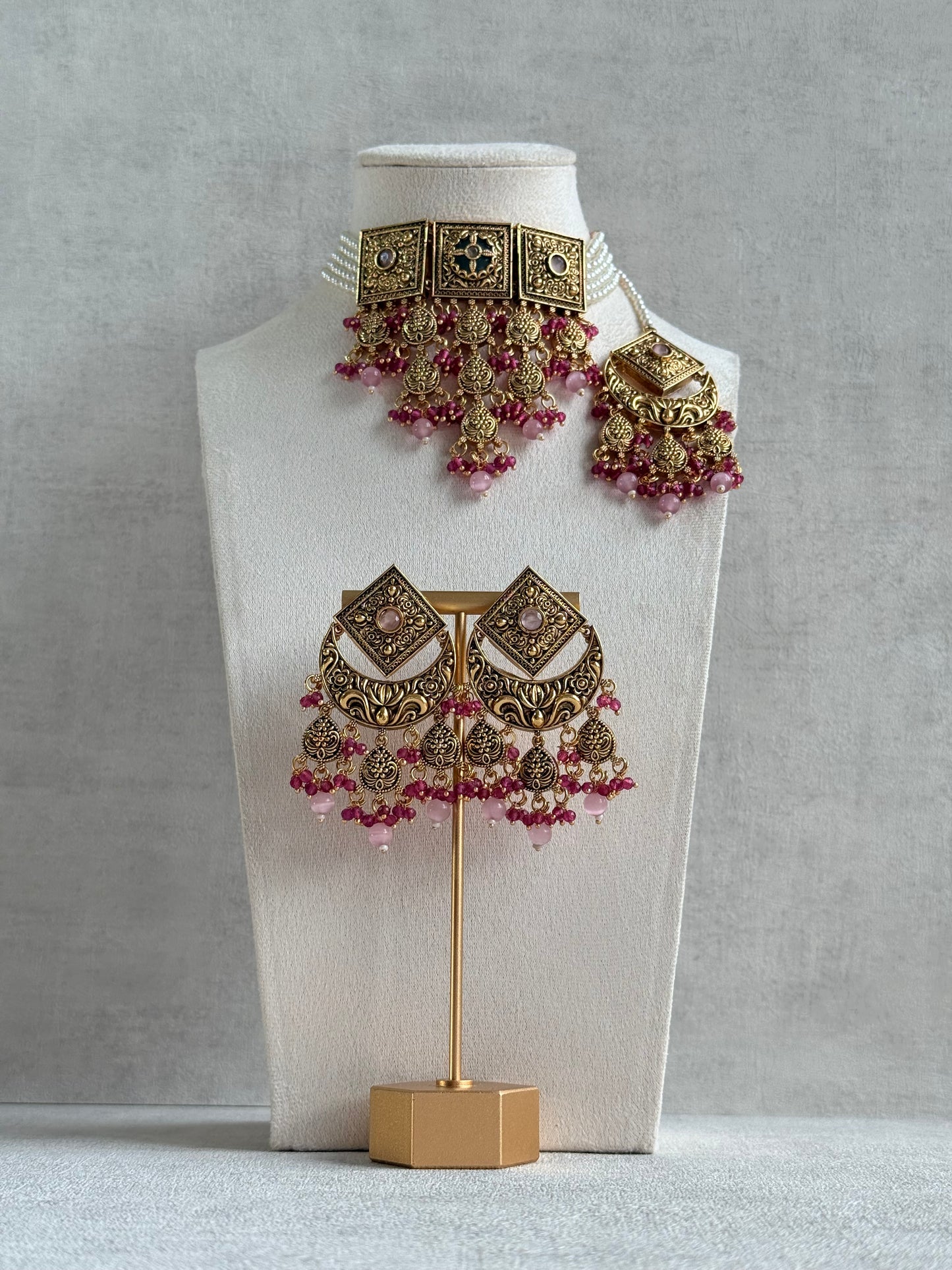 Ayura Designs Samera Choker Set with Earrings & Tikka – Rani Pink & Blush Pink Beads, Green Centre Stone, Floral Motifs & Antique Gold Finish