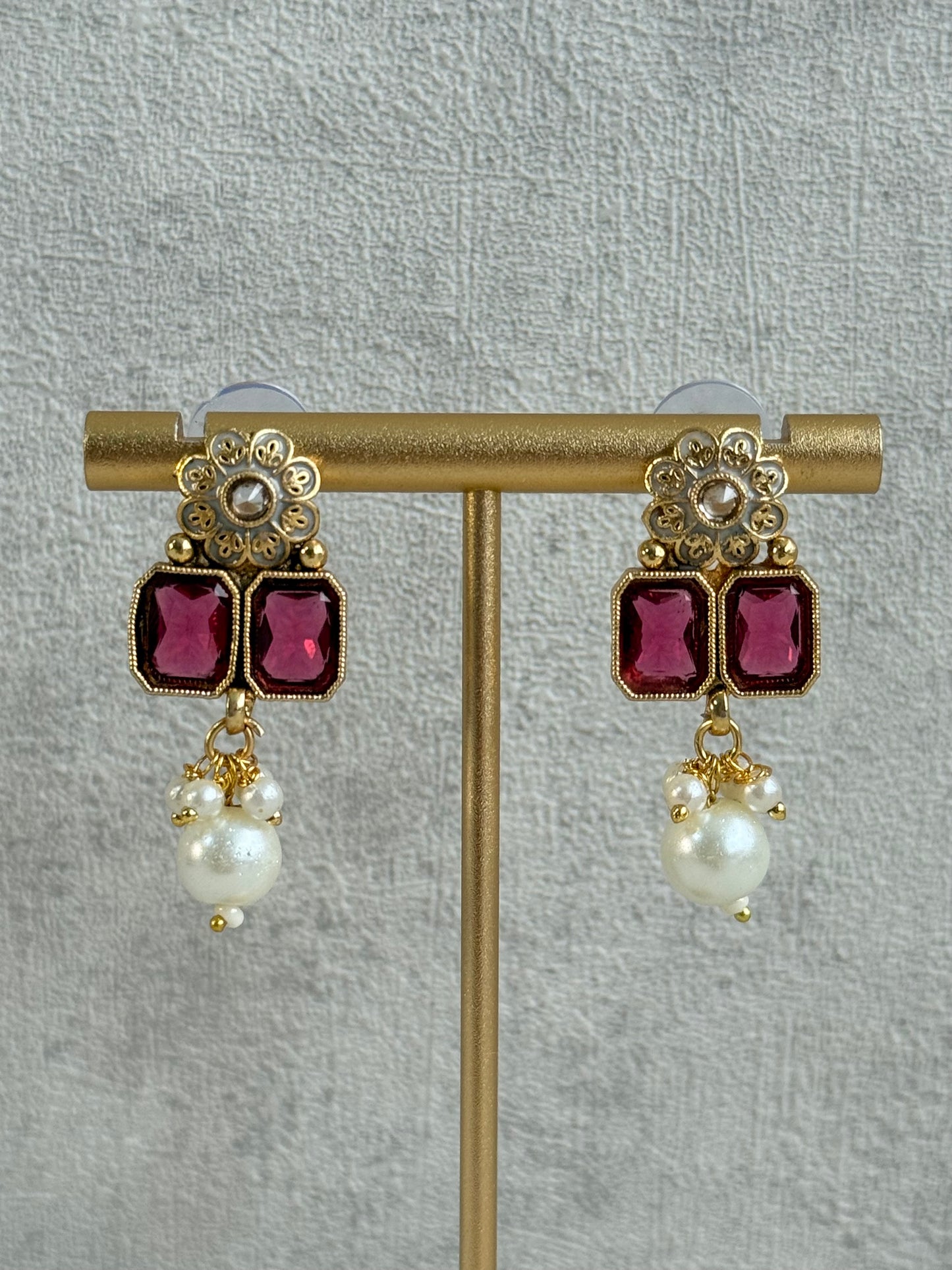 Ayura Designs Padma Necklace Set with Earrings – Rani Pink Stones with Pearl Drop Detailing