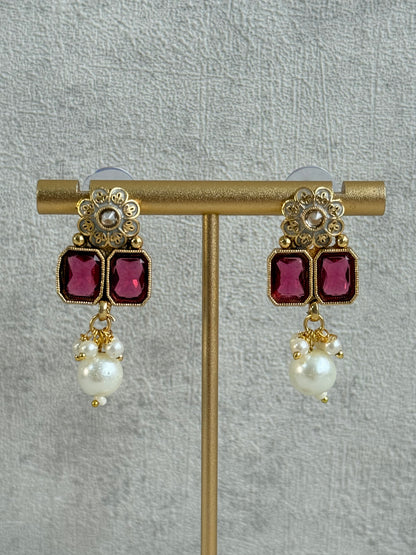 Ayura Designs Padma Necklace Set with Earrings – Rani Pink Stones with Pearl Drop Detailing