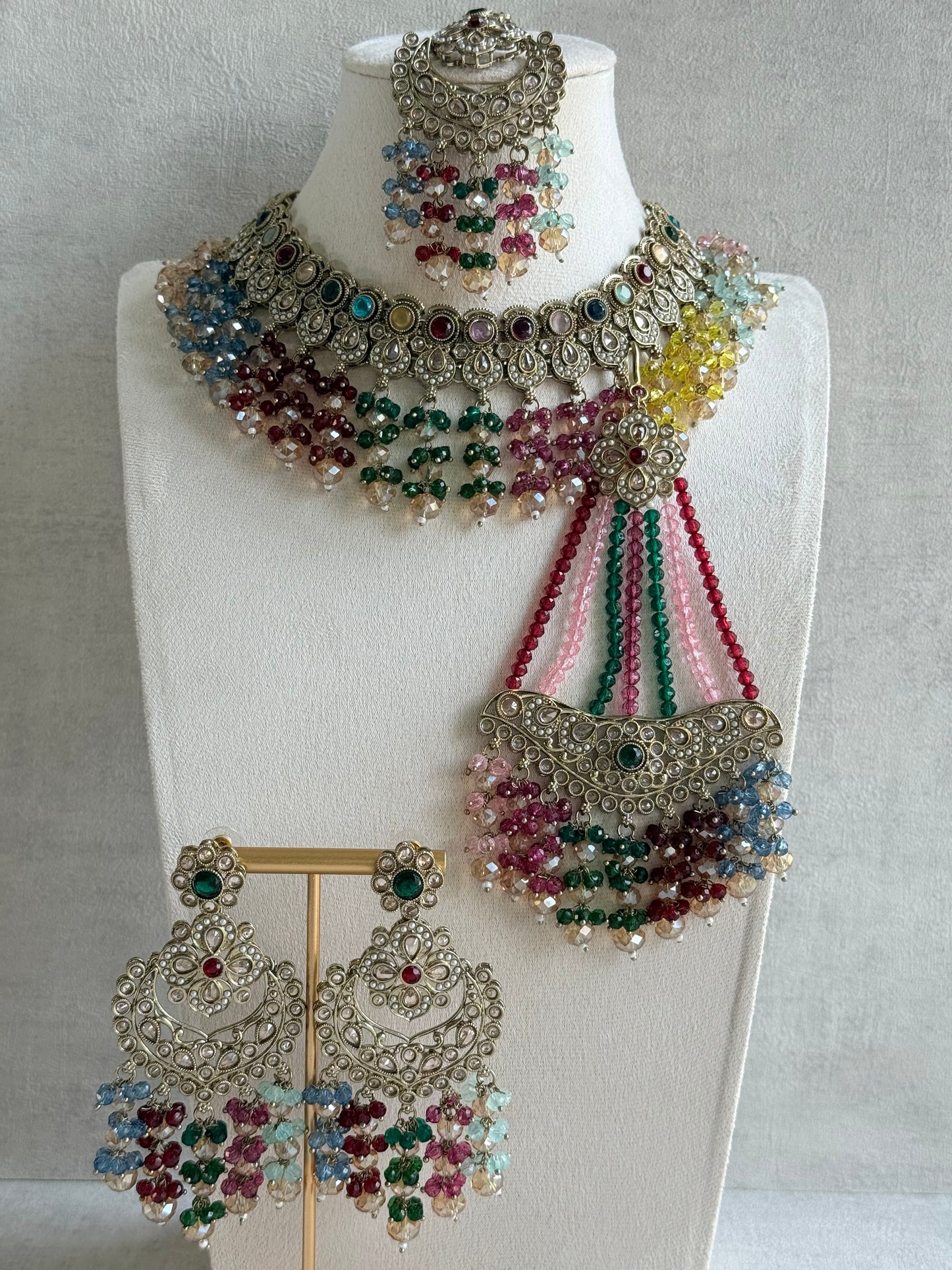 Ayura Designs Dilnaz Necklace Set with Earrings, Tikka & Passa – Multicolour Crystal Beads & Antique Gold Finish