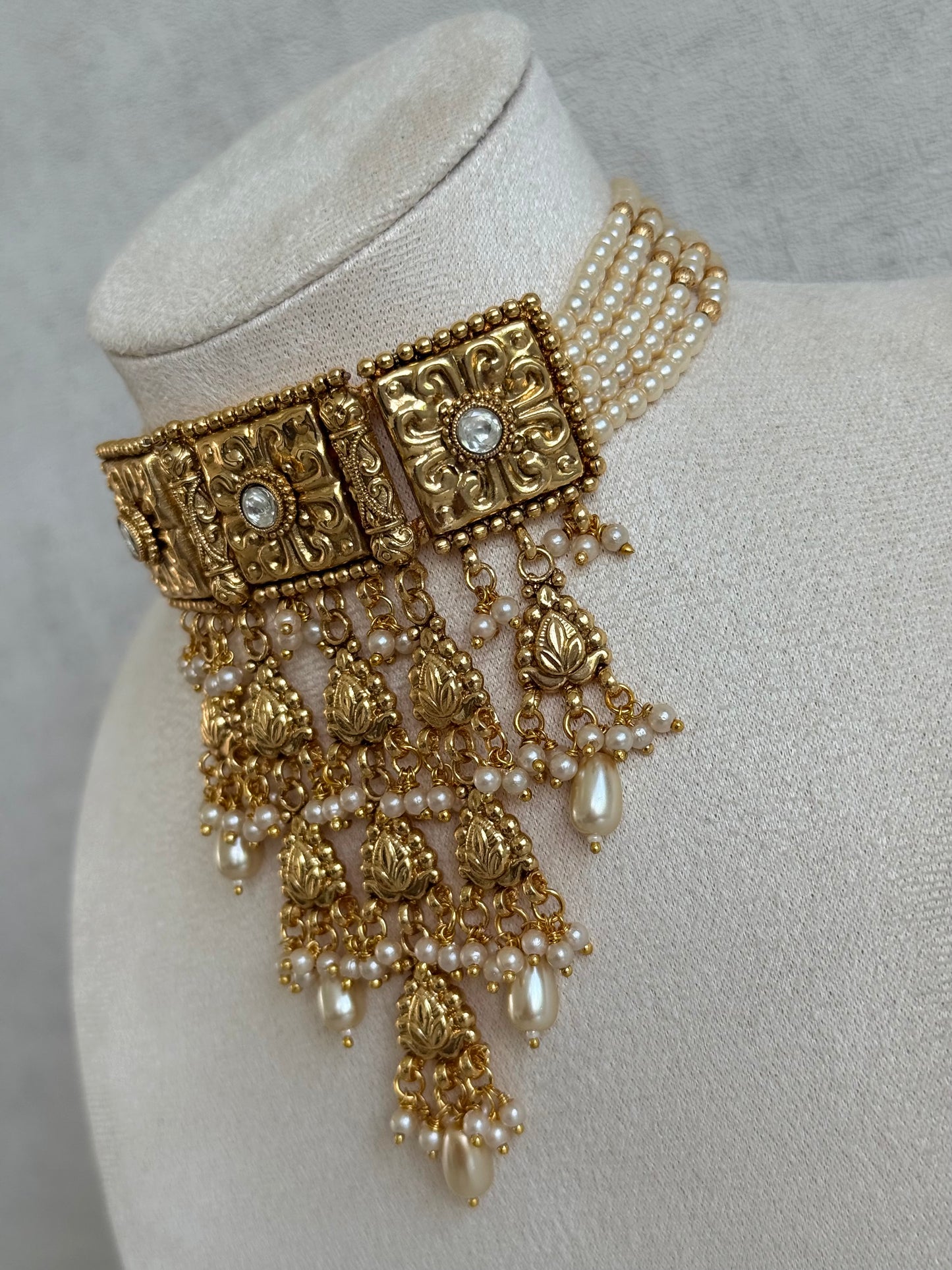 Ayura Designs Nimrah Choker Set with Earrings & Tikka – Ivory Pearl Gold Tone Waterfall Jewellery Set