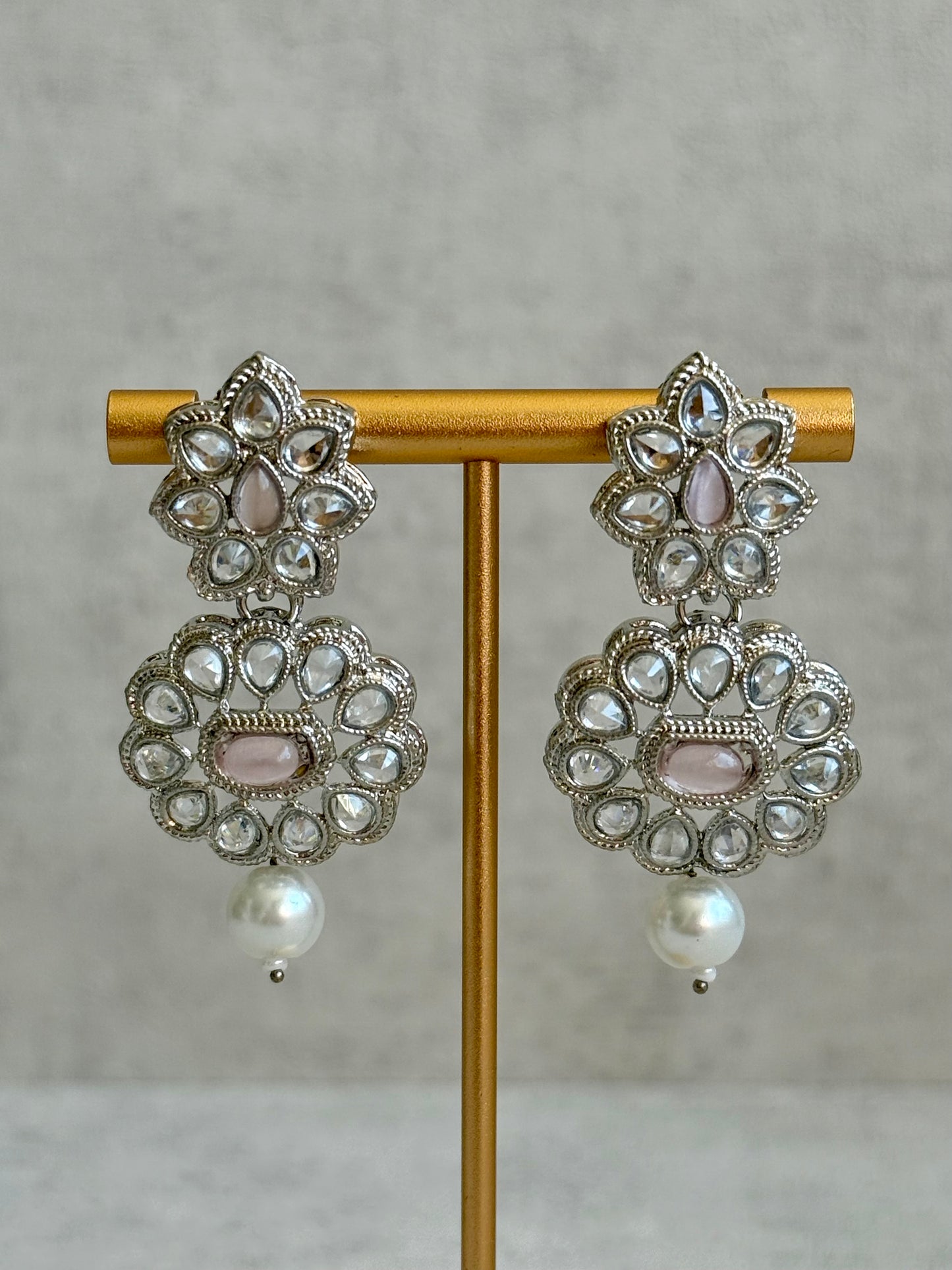Ayura Designs Sumbul Set with Necklace, Earrings & Tikka – Blush Pink Stones, Mirror-Cut Accents & Pearl Drops
