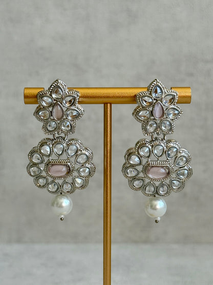 Ayura Designs Sumbul Set with Necklace, Earrings & Tikka – Blush Pink Stones, Mirror-Cut Accents & Pearl Drops