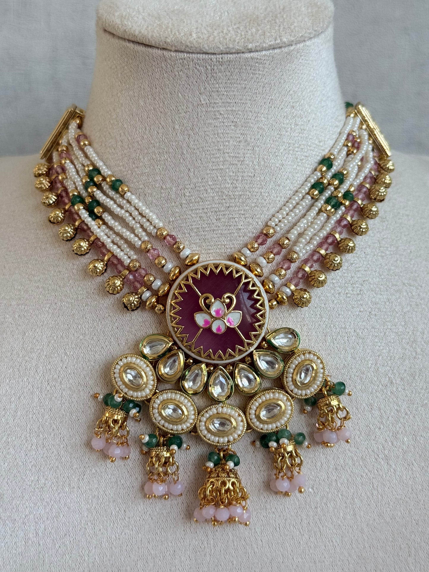 Ayura Designs Hasika Necklace Set with Earrings – Rose Pink, Emerald Green, Kundan & Pearl Detailing