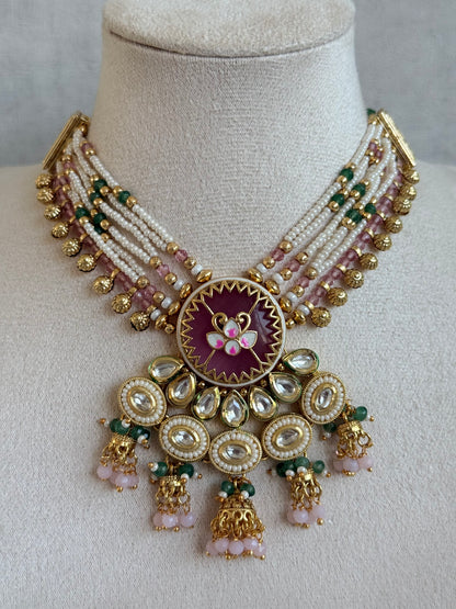 Ayura Designs Hasika Necklace Set with Earrings – Rose Pink, Emerald Green, Kundan & Pearl Detailing