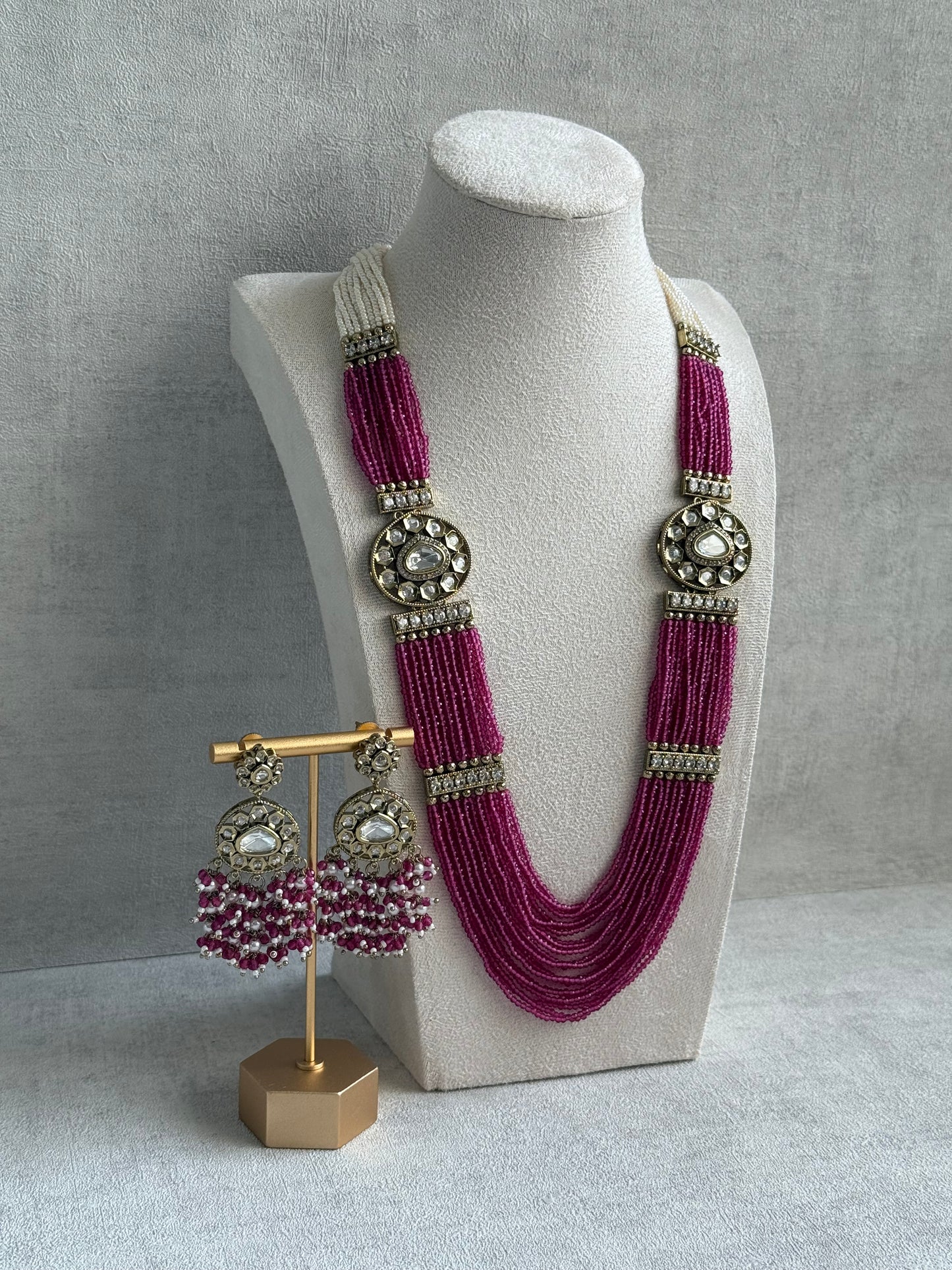 Ayura Designs Sienna Set – Long Layered Necklace & Earrings with Berry Pink Beads, Mirror-Cut Kundan & Pearl Detailing