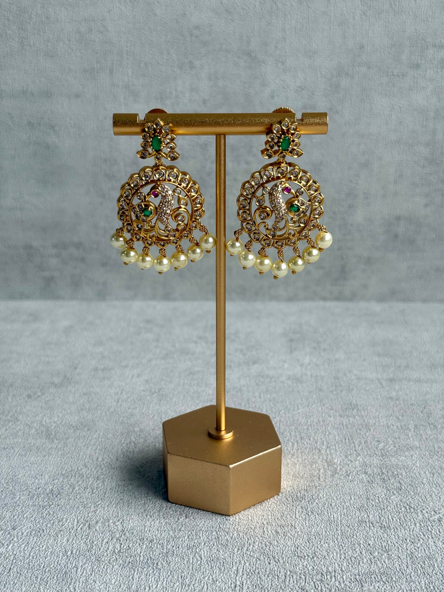 Ayura Designs Vedya Set – Antique Gold Peacock Necklace with Kundan, Emerald & Pearl Detailing