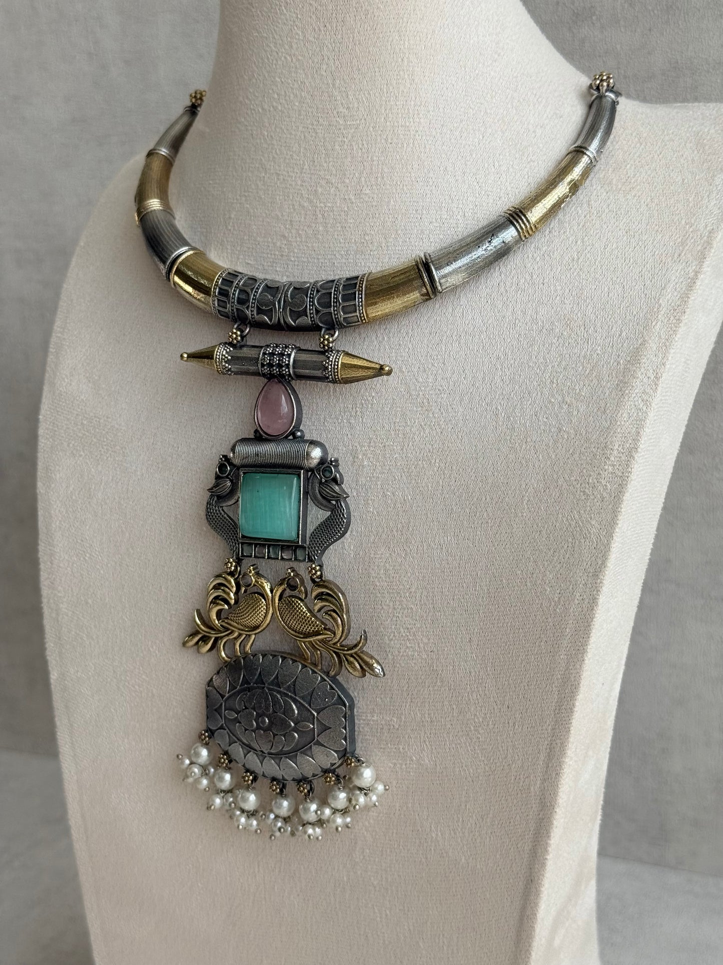 Ayura Designs Tansen Necklace Set with Earrings – Dual Tone Oxidised Necklace with Bird Motifs, Aqua Centre Stone & Pearl Detailing