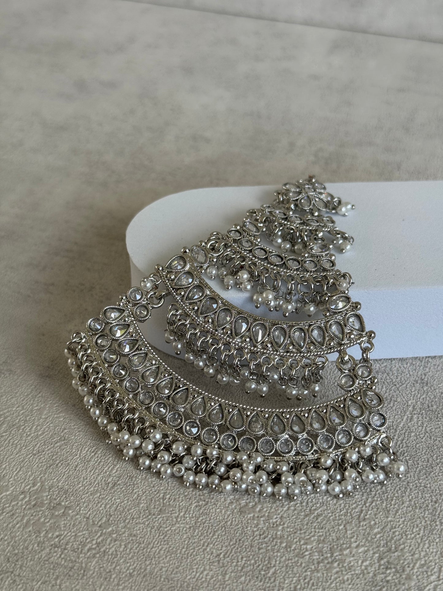 Ayura Designs Nia Jhoomar Passa – Antique Silver with Mirror-Cut Stones & Pearl Fringe Detailing