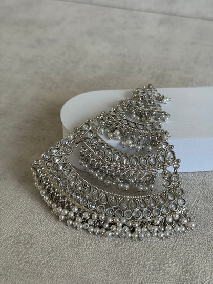 Ayura Designs Nia Jhoomar Passa – Antique Silver with Mirror-Cut Stones & Pearl Fringe Detailing