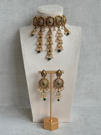 Ayura Designs Kabini Choker Set with Earrings – Gold Kundan Waterfall Choker with Emerald Green Beads & Pearls