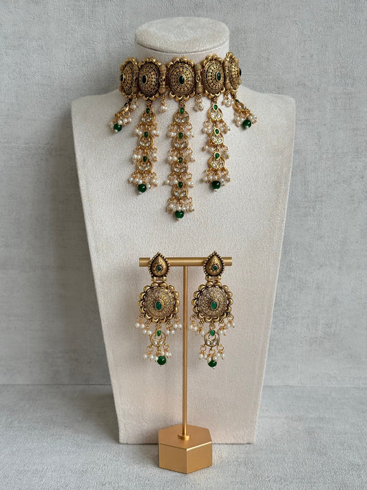 Ayura Designs Kabini Choker Set with Earrings – Gold Kundan Waterfall Choker with Emerald Green Beads & Pearls