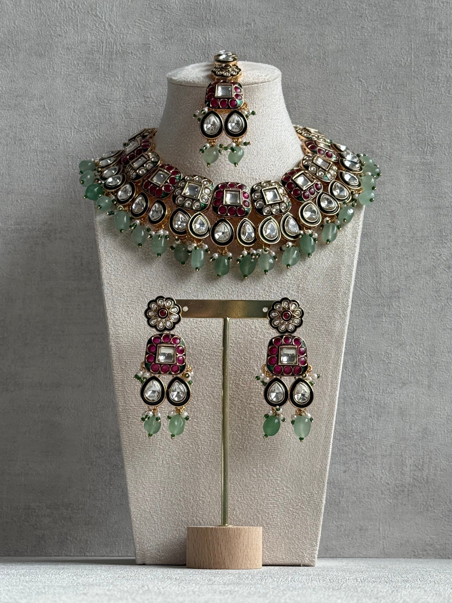 Ayura Designs Salma Set – Necklace, Earrings & Tikka with Mirror-Cut Kundan, Pink & Mint Beads, Emerald Green Meenakari & Gold Finish