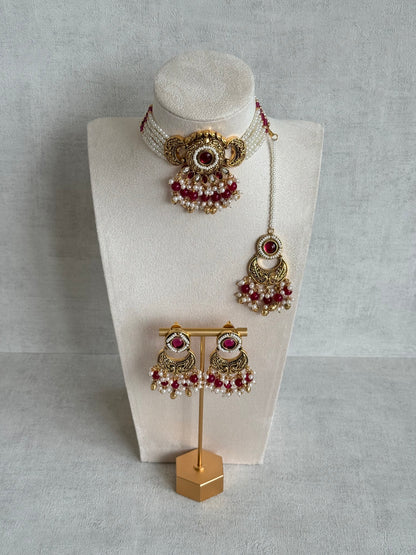 Ayura Designs Mehr Choker Set with Earrings & Tikka – Ruby Pink Stones, Ruby Pink Beads, Pearl Strands & Antique Gold Finish