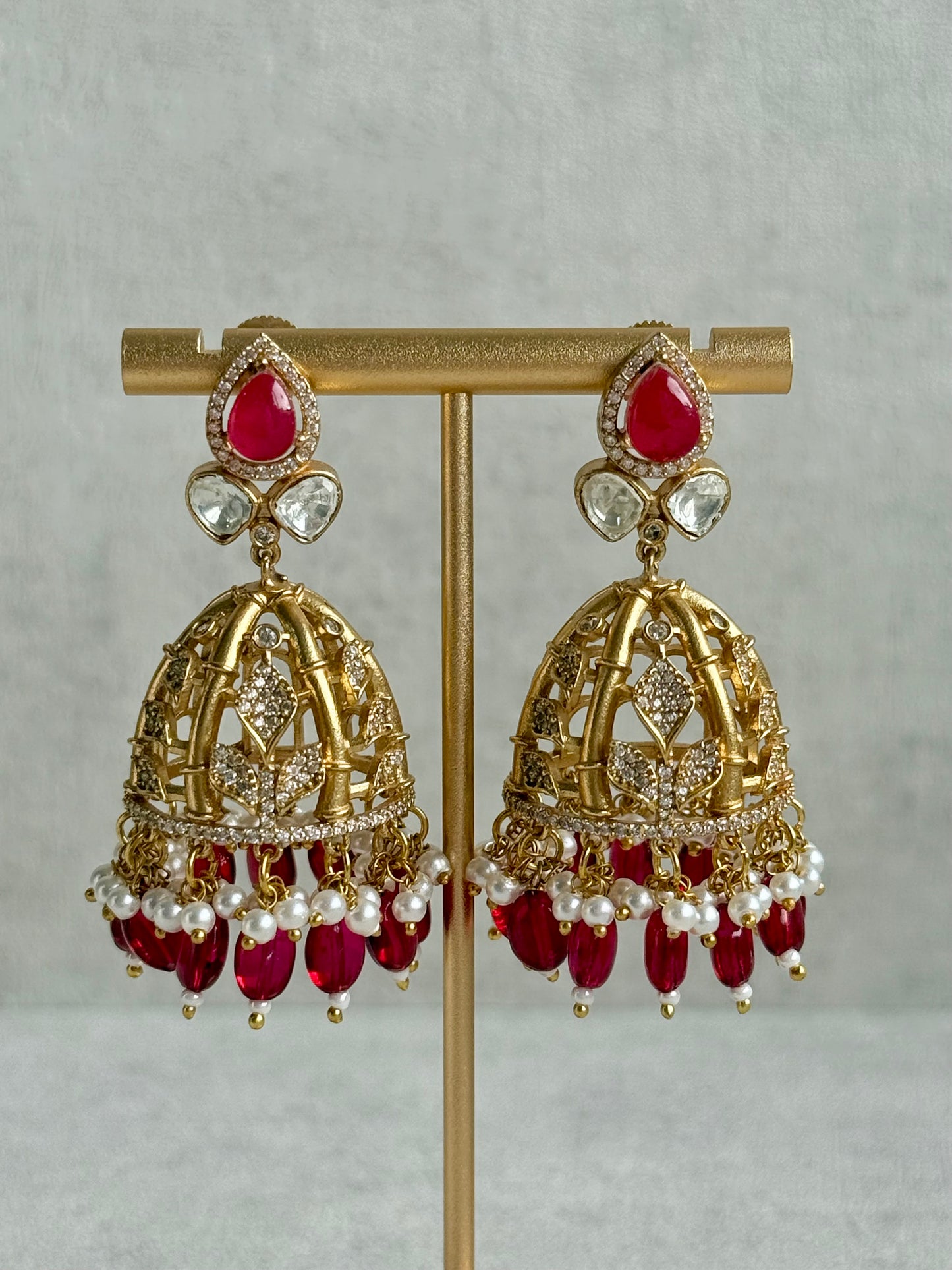 Ayura Designs Rami Collar Set with Jhumkis – Sculpted Gold Collar with Ruby Red Stone and Crystal Detailing