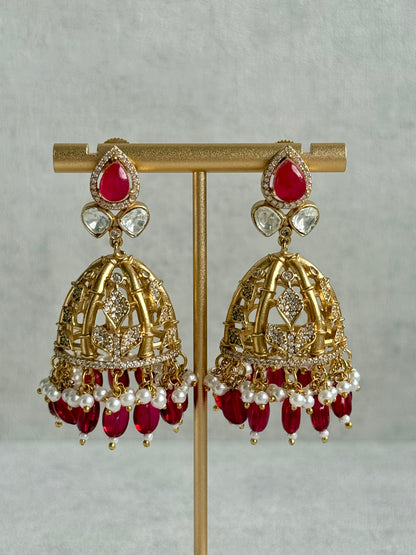Ayura Designs Rami Collar Set with Jhumkis – Sculpted Gold Collar with Ruby Red Stone and Crystal Detailing