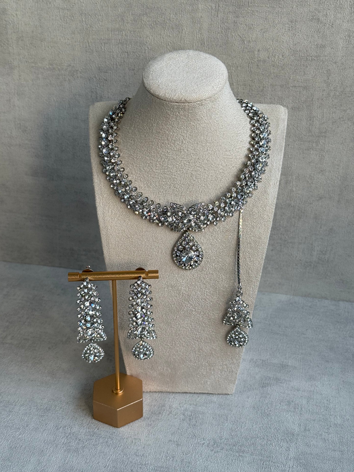 Ayura Designs Falaq Set with Necklace, Earrings & Tikka – Silver Finish with Diamond-Cut Crystals