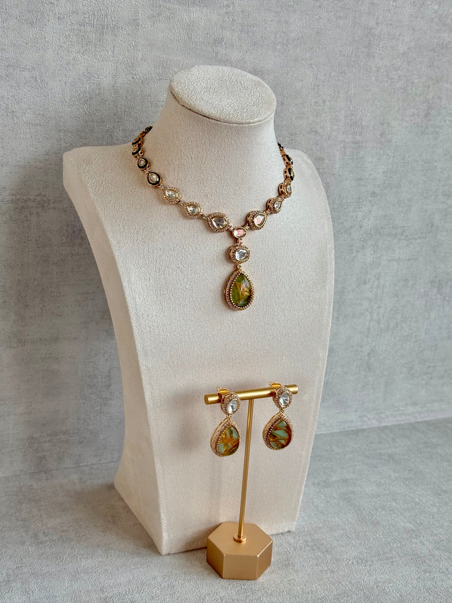 Ayura Designs Lilly Necklace Set with Earrings – Moissanite Stones with Marble Green Teardrop Pendant & Crystal Detailing