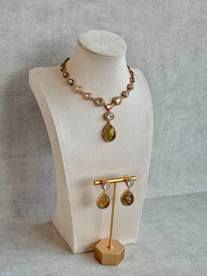 Ayura Designs Lilly Necklace Set with Earrings – Moissanite Stones with Marble Green Teardrop Pendant & Crystal Detailing