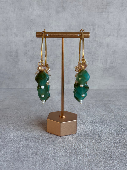 Ayura Designs Heer Balis – Gold Hoops with Jade Green Marble Beads, Pearls & Crystal Detailing