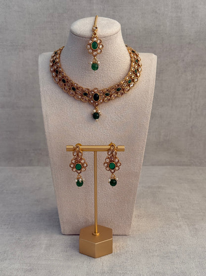 Ayura Designs Biju Set with Necklace, Earrings & Tikka – Emerald Green & Ivory Pearls, Mirror-Cut Stones, Antique Gold Finish