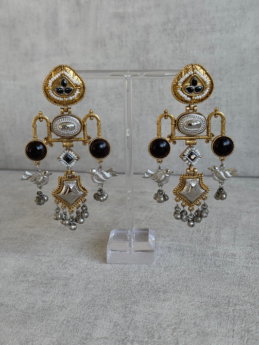 Ayura Designs Amzie Earrings – Antique Gold & Silver Fusion with Onyx Accents and Delicate Bird Motif Charms