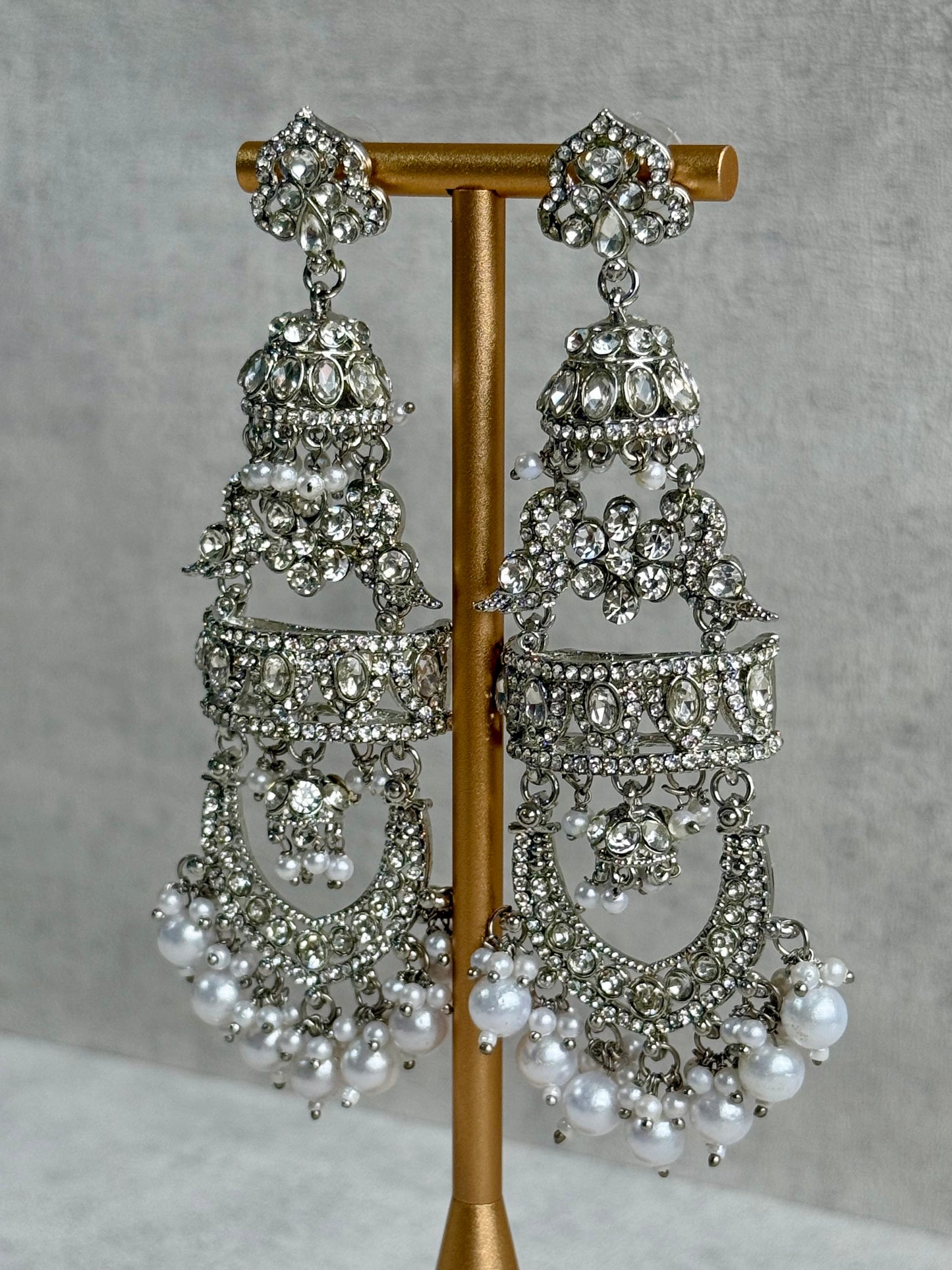 Ayura Designs Giselle Earrings – Silver Finish Chandbali Jhumkas with Mirror-Cut Stones & Pearl Drops