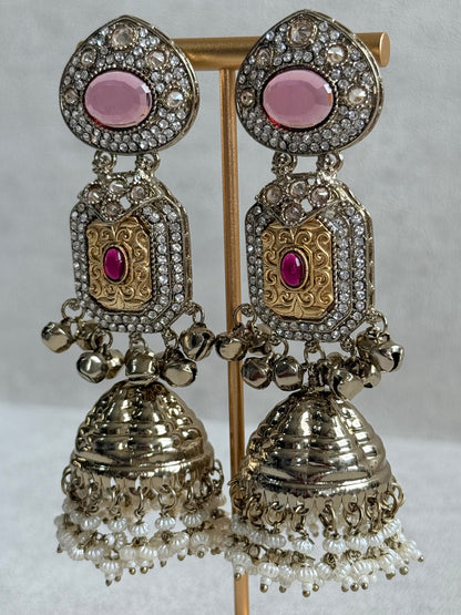 Ayura Designs Maara Jhumkis – Champagne Gold with Rose Pink & Rani Pink Stones, Crystals, Ghungroos & Pearl Detailing