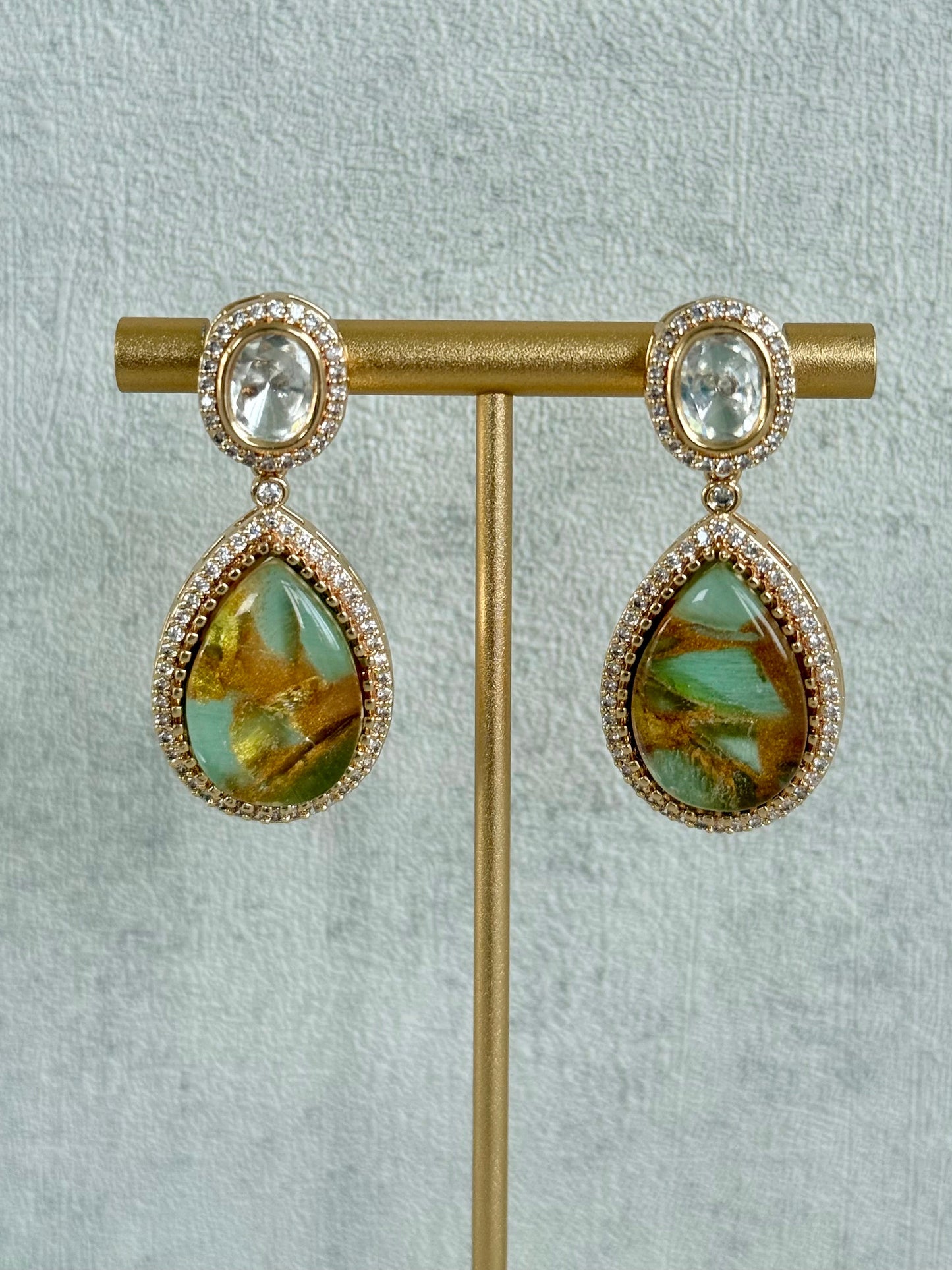Ayura Designs Lilly Necklace Set with Earrings – Moissanite Stones with Marble Green Teardrop Pendant & Crystal Detailing