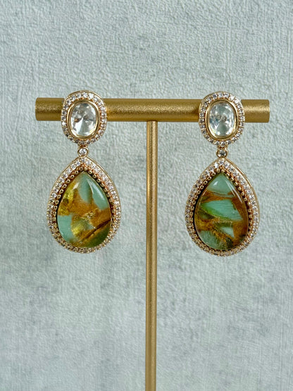 Ayura Designs Lilly Necklace Set with Earrings – Moissanite Stones with Marble Green Teardrop Pendant & Crystal Detailing