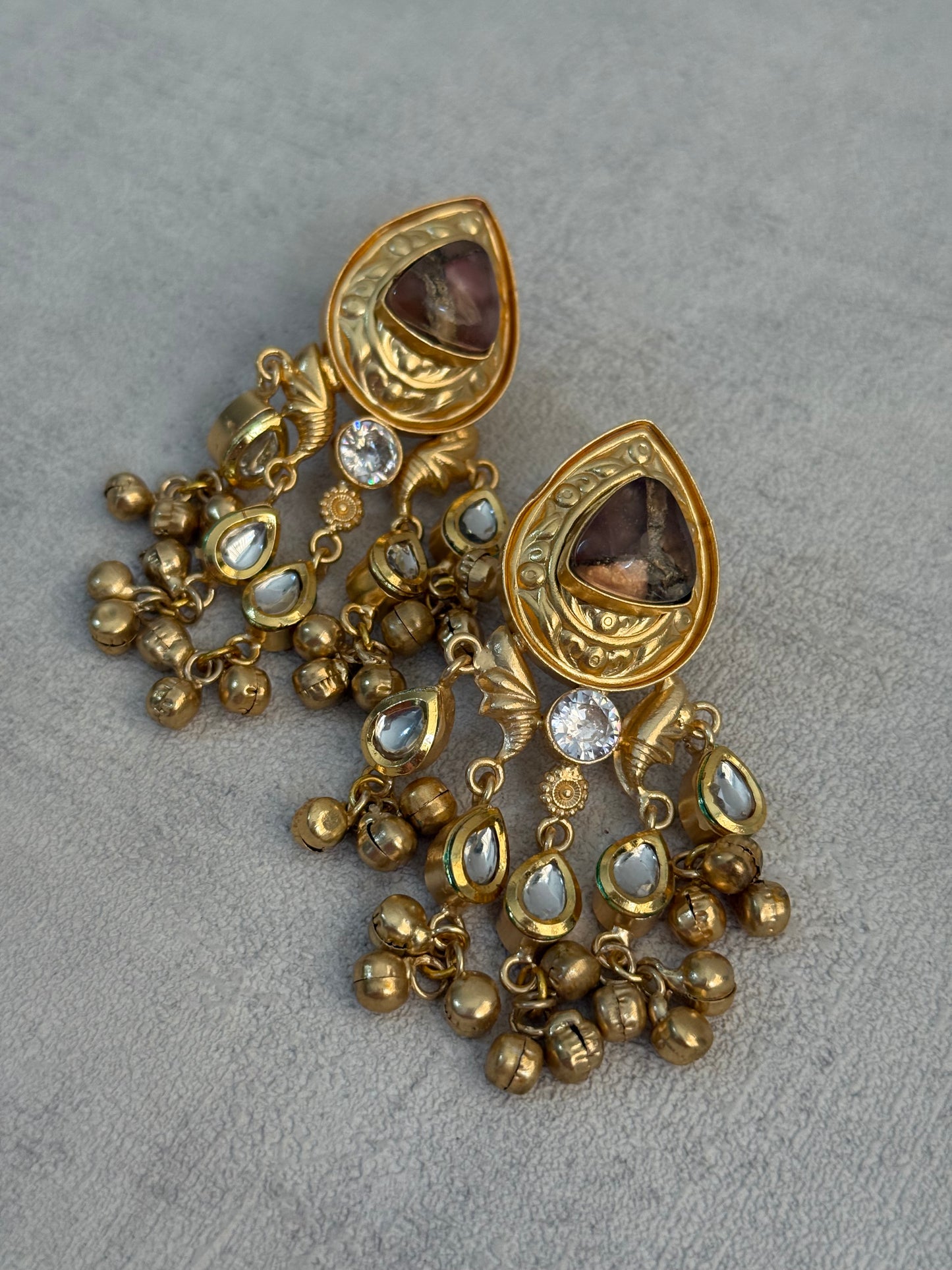 Ayura Designs Arheer Earrings – Brown Marble with Kundan Detailing & Antique Gold Ghungroos