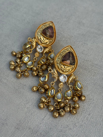 Ayura Designs Arheer Earrings – Brown Marble with Kundan Detailing & Antique Gold Ghungroos