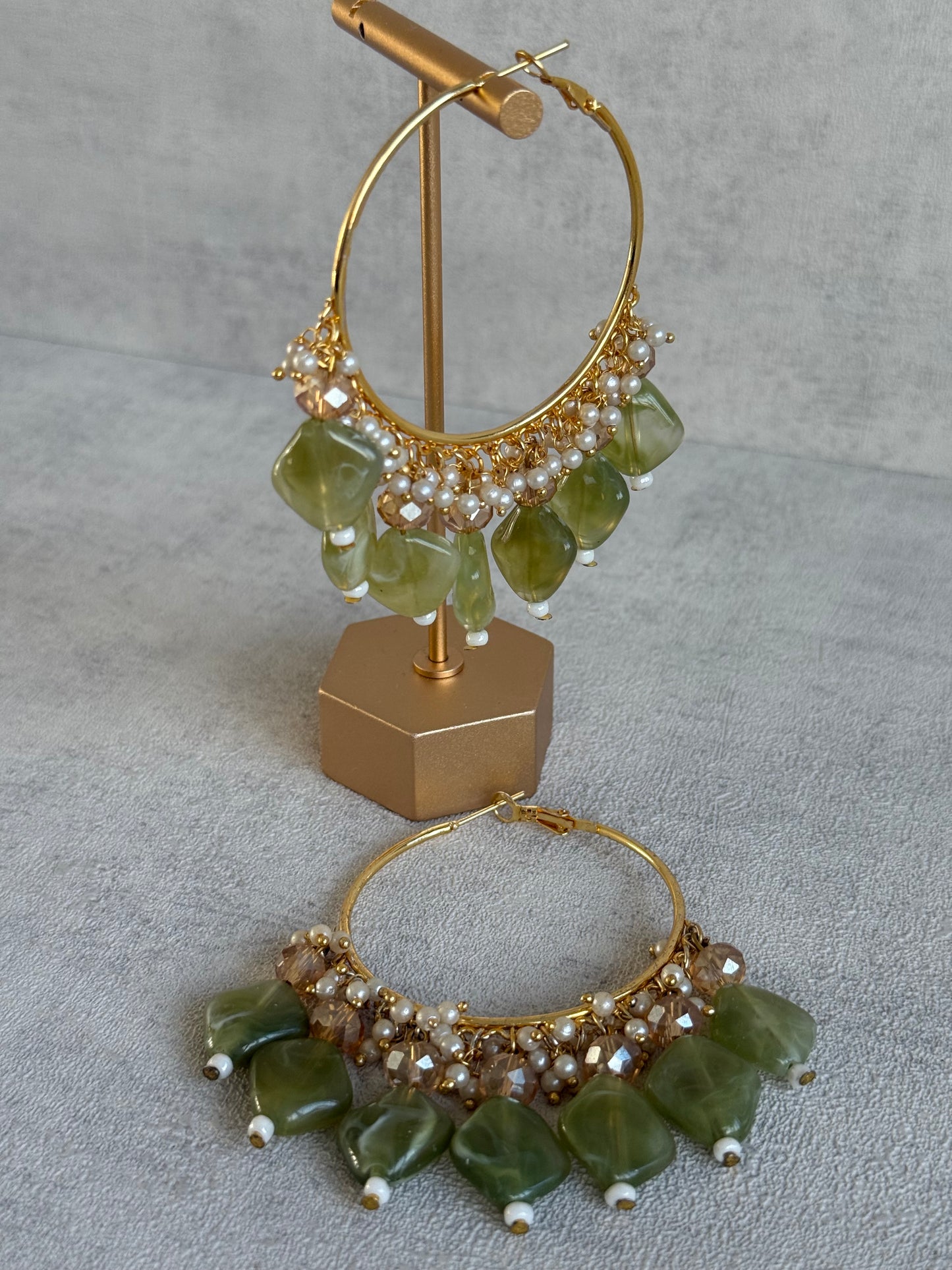 Ayura Designs Heer Balis – Gold Hoops with Olive Marble Beads, Pearls & Crystal Detailing